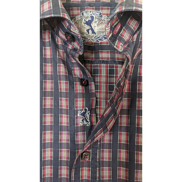 Bugatchi men shaped fit plaid navy button up dress shirt long sleeve Medium - Picture 4 of 9